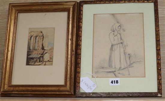 G.R. Russell, watercolour, Figures at a shop before ruins, signed, 12.5 x 8.5cm and E* G*, pencil and wash drawing,